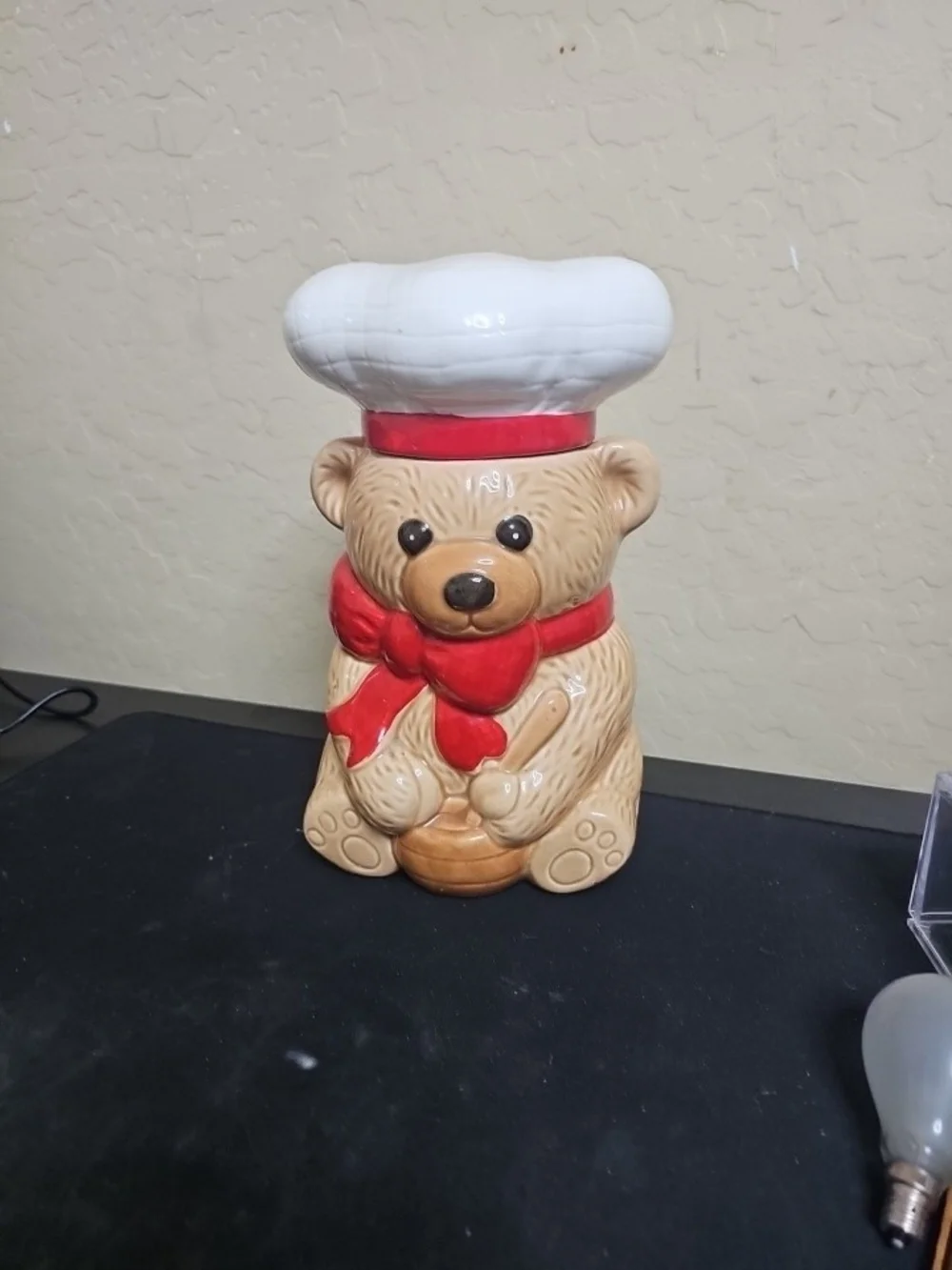 Ceramic Bear Cookie Jar with White Chef Hat and Red Scarf